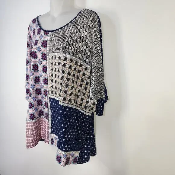 Chico's Patchwork Shirt Women Size 3 US XL Blue Multi Print Bohemian Peasant - Picture 6 of 9